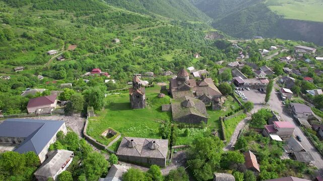 Orbital drone footage of Haghpat monastery on sunny spring day. Lori Province, Armenia.