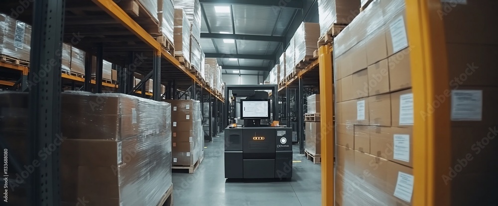 Poster Warehouse interior with stacked boxes and automated machinery in operation.
