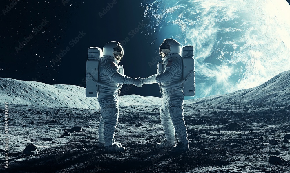 Poster two astronauts holding hands on the moon with earth visible in the background.