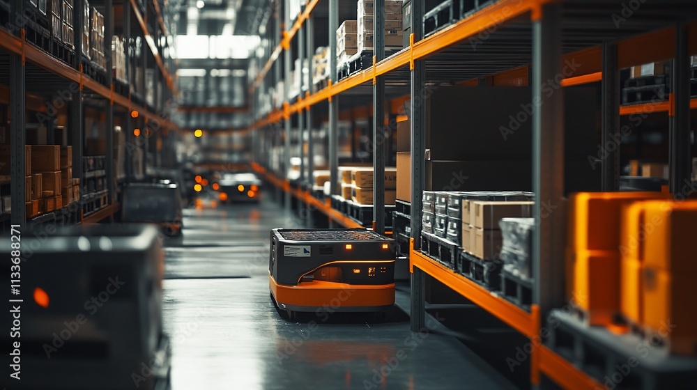 Poster Warehouse scene featuring automated robots navigating storage aisles.