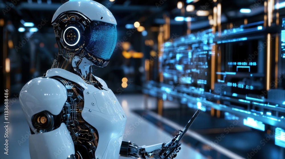 Aufkleber exploring the future of manufacturing through digital art showcasing automation.