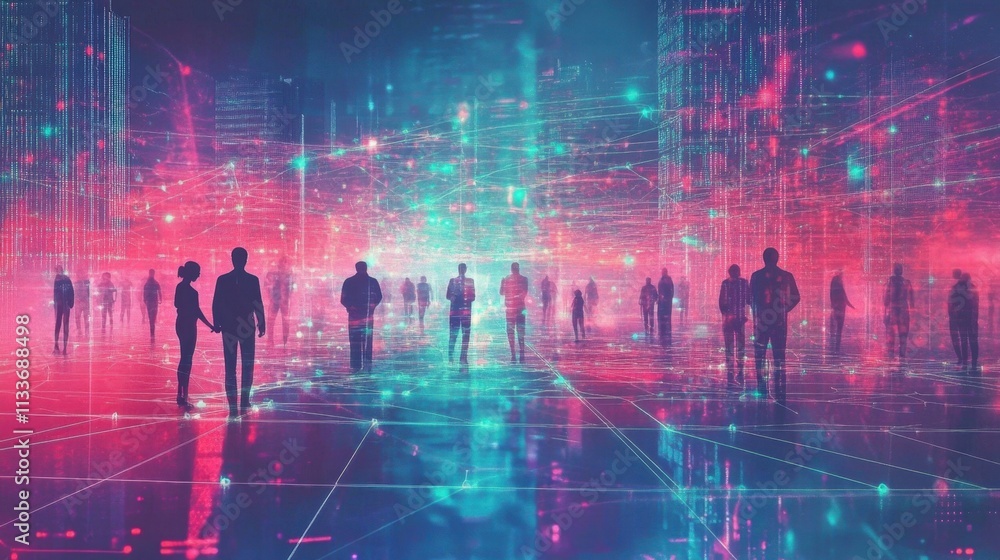 Aufkleber glowing lines represent the flow of data in a smart city environment.