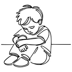 one line drawing little boy sad vector illustration template design