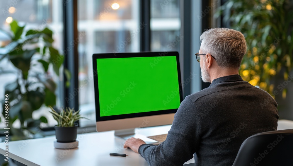 Poster Senior man working on computer with green screen.
