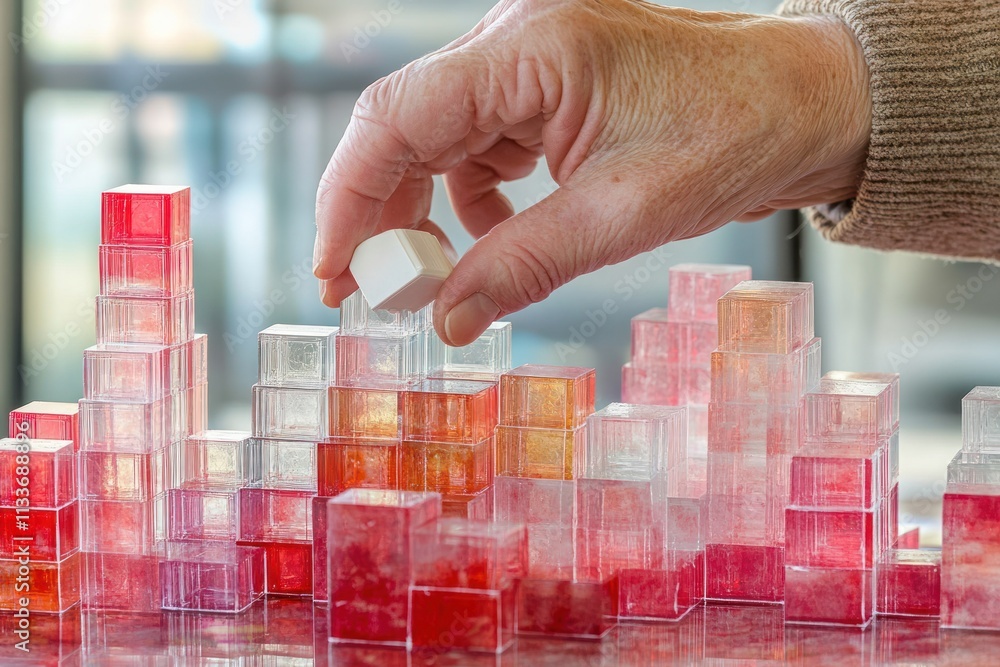 Aufkleber hand placing translucent cube on miniature city model.