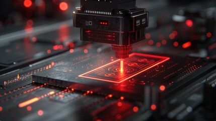 Futuristic robotic arm precisely etching intricate circuitry onto a microchip, glowing red.