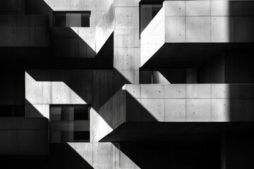 A striking high-contrast black and white photo showcasing brutalist architecture.