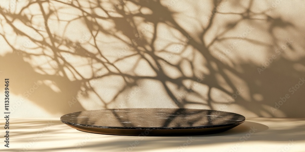 Poster minimalist product display with marble platform and tree branch shadows on beige background.