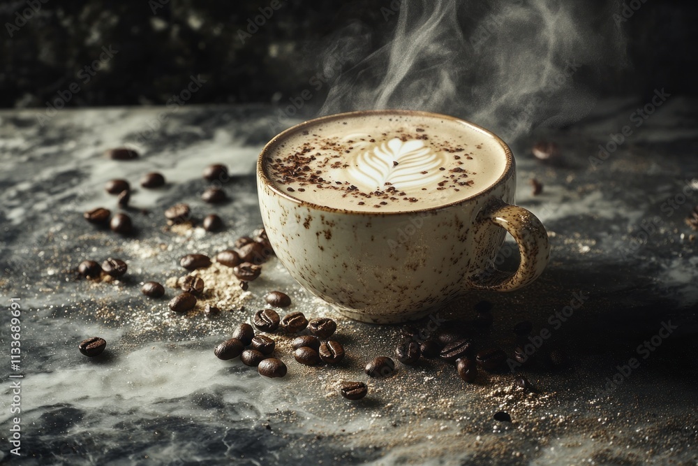 Aufkleber Steaming latte with latte art in rustic cup on dark marble surface with coffee beans.