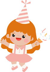 Cute kawaii girl with party hat wearing pink white dress jumping holding party poppers hand drawn illustration vector pastel colour