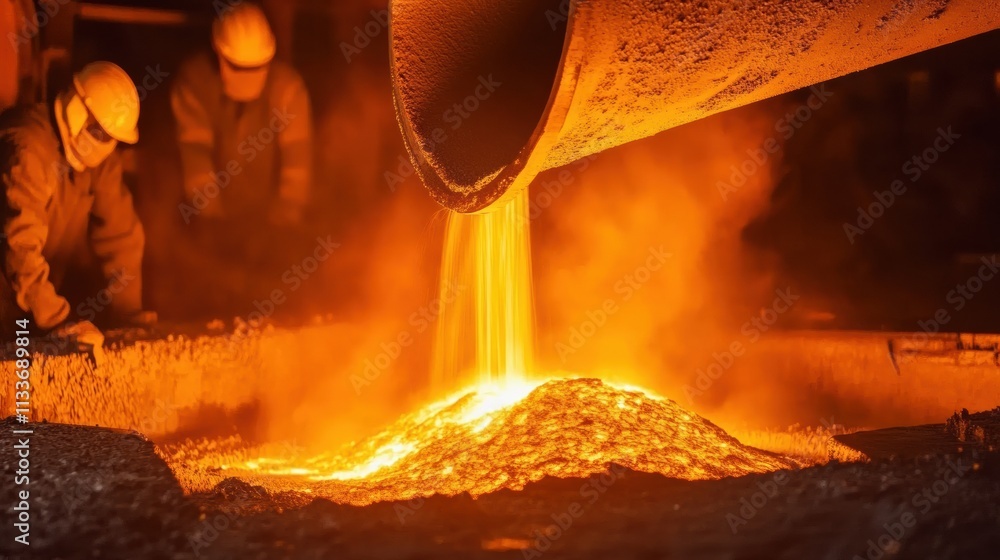 Poster molten metal flows into molds as workers observe, creating intense flames and sparks in a busy indus