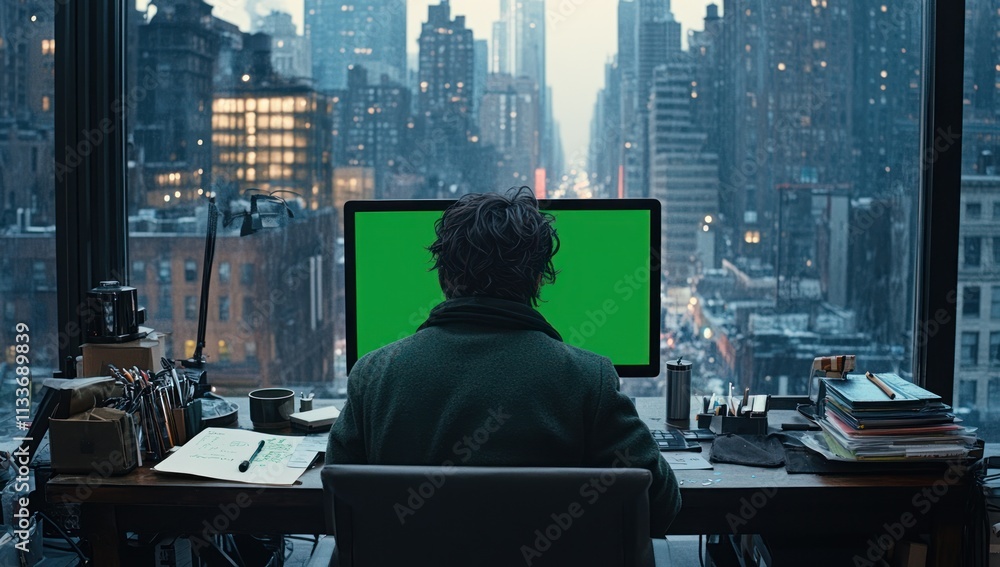 Poster person working at desk with green screen computer overlooking city.