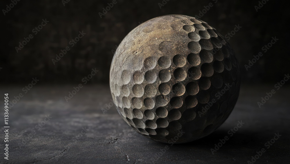 Poster close-up of a weathered, dimpled sphere on a dark surface.