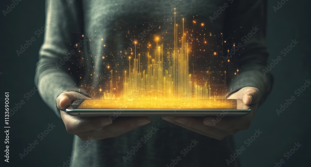 Aufkleber woman holding tablet displaying glowing data visualization.