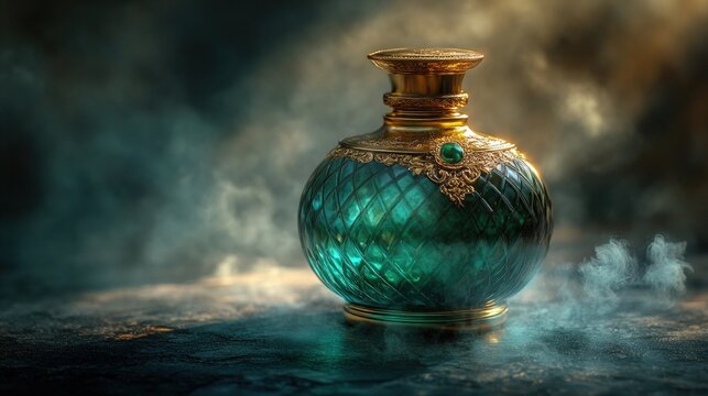 Ornate teal perfume bottle, gold accents, smoky background.