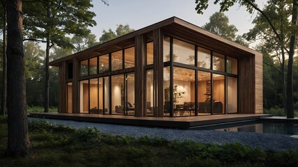 Luxury Hotel-Style Modern Wooden House with Scandinavian-Tropical Interiors, Featuring Minimalist Design, Natural Textures, and Sophisticated Comfort - Perfect for Stock Imagery Needs (AI-generated)
