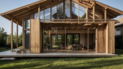 Obraz premium Luxury Hotel-Style Modern Wooden House with Scandinavian-Tropical Interiors, Featuring Minimalist Design, Natural Textures, and Sophisticated Comfort - Perfect for Stock Imagery Needs (AI-generated)
