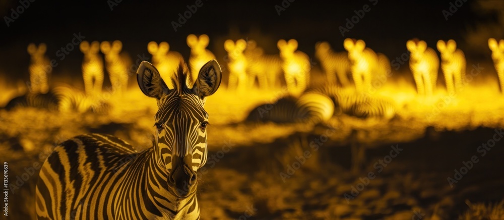 Poster nighttime zebra portrait with blurred herd in background.