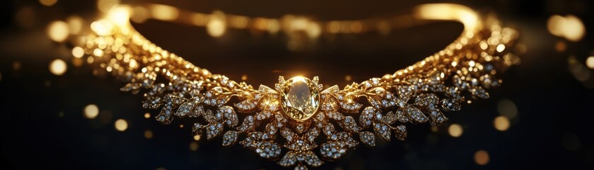 Golden necklace, large gem, dark background
