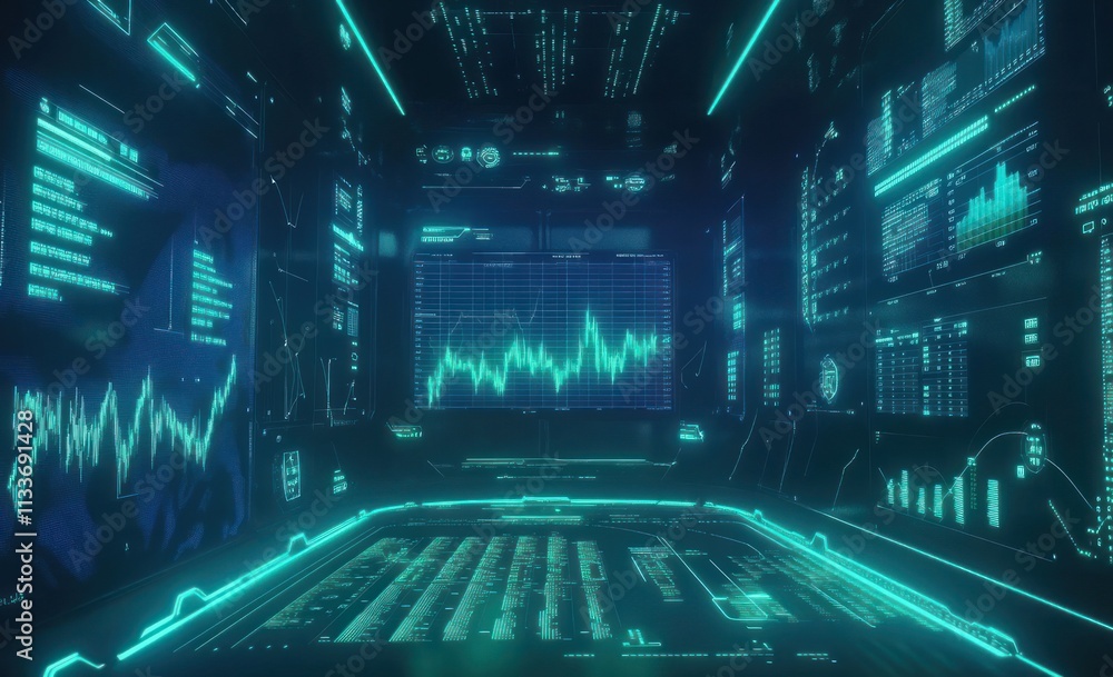 Poster futuristic digital room filled with data visualizations, graphs, and charts.