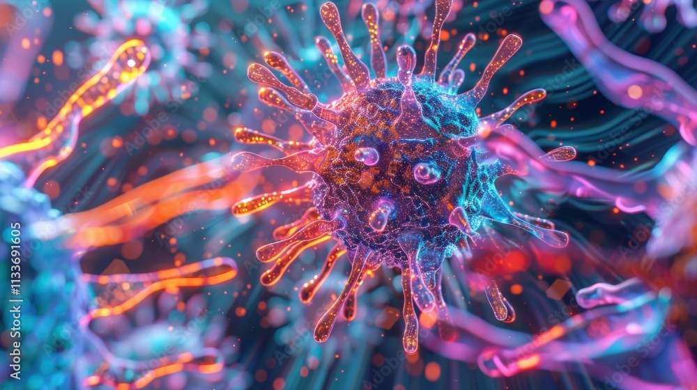 Poster microscopic view of a virus propagating, showing data analysis with big data and artificial intellig