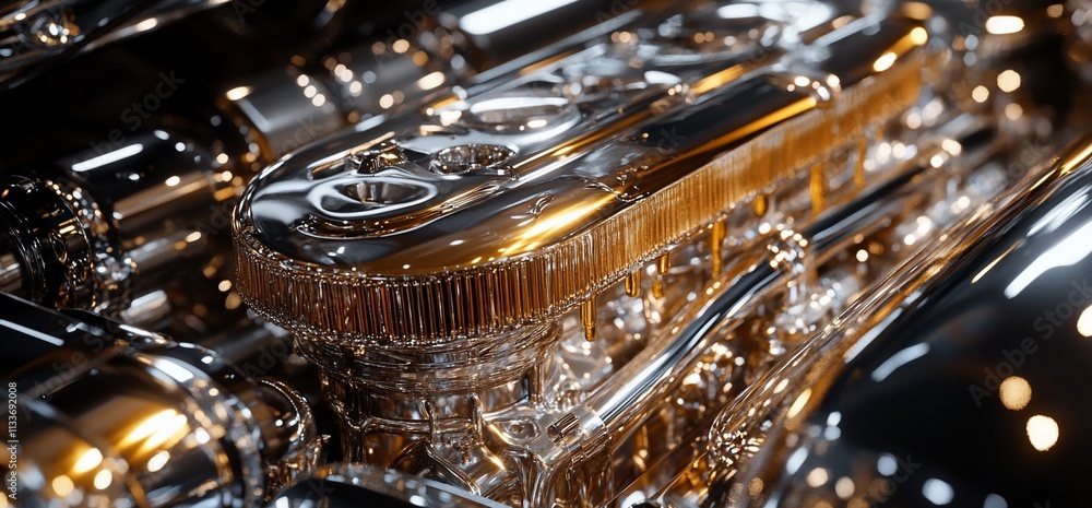Poster A close-up of a polished engine component showcasing intricate design.