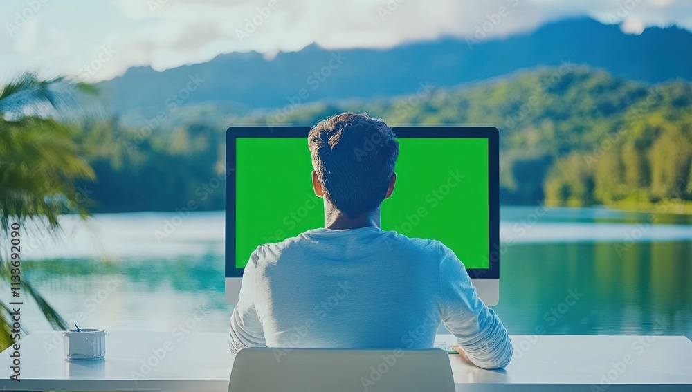 Leinwandbilder man working on computer with green screen, scenic view.