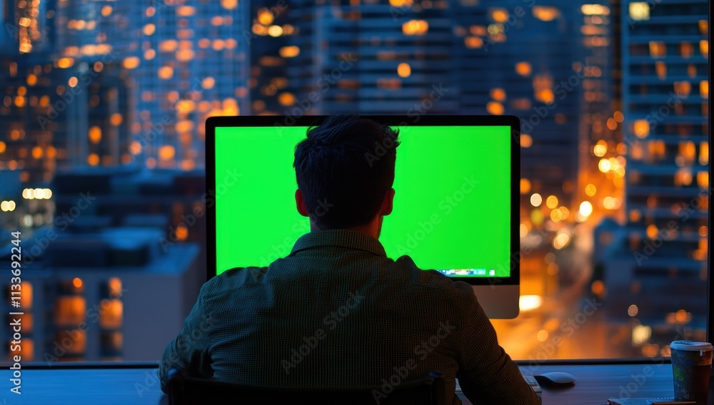 Poster man working late at night on computer with green screen, city view. (1)