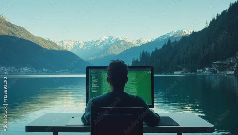Poster man works on computer overlooking serene lake and mountains.