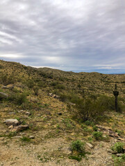 A rugged Arizona desert with rocky terrain, rolling hills, sparse vegetation, and a towering saguaro cactus under a cloudy sky, showcasing the natural beauty of the arid Southwest.