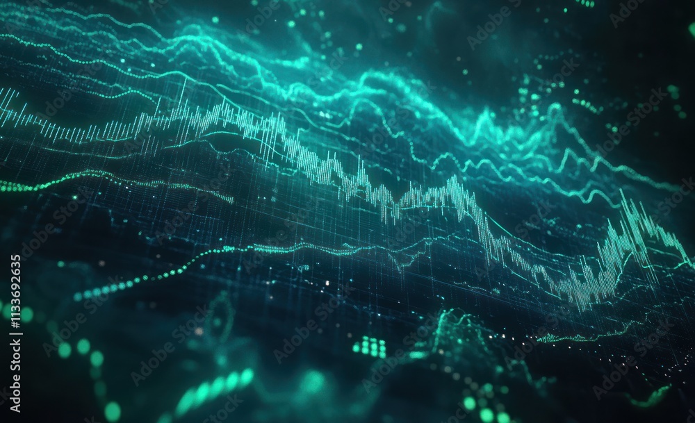 Poster abstract teal digital wave data visualization.