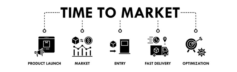 Time To Market banner web icon illustration concept with icon of product launch, market, entry, fast delivery, and optimization