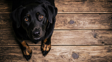 Plakat Black dog lying on wooden floor looking directly at the camera with curious expression