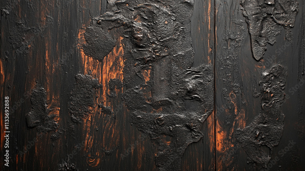 Poster detailed texture of dark wood with charred and burned areas showing unique patterns and colors