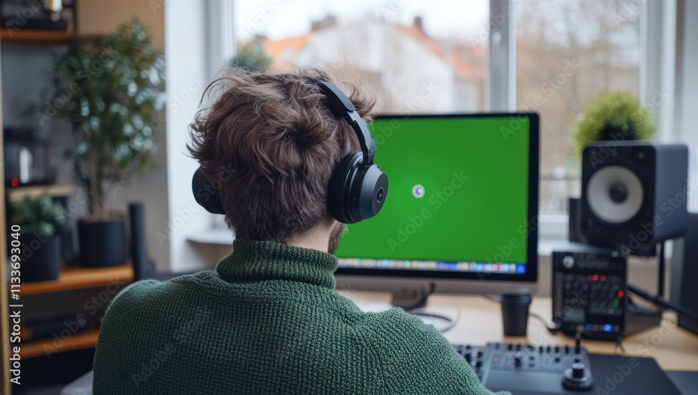 Aufkleber Man with headphones working at computer with green screen.