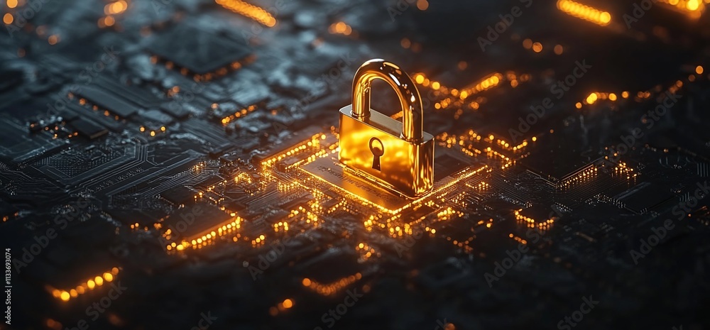 Poster a digital lock symbolizing cybersecurity on a circuit board background.