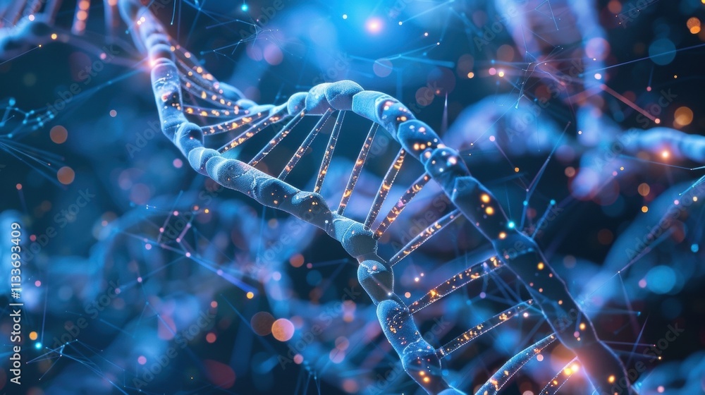 Poster rotating and glowing dna chain intertwining within a vibrant network of data, illustrating a cutting