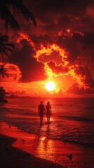 A romantic sunset at the beach with two silhouettes walking along the shore.