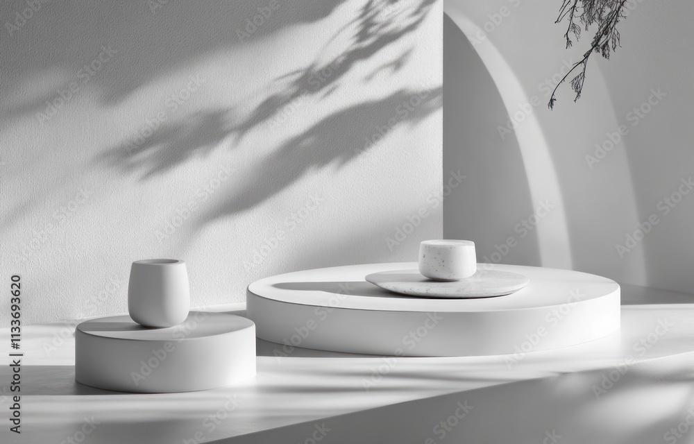 Poster Minimalist white marble objects on platforms with shadows.