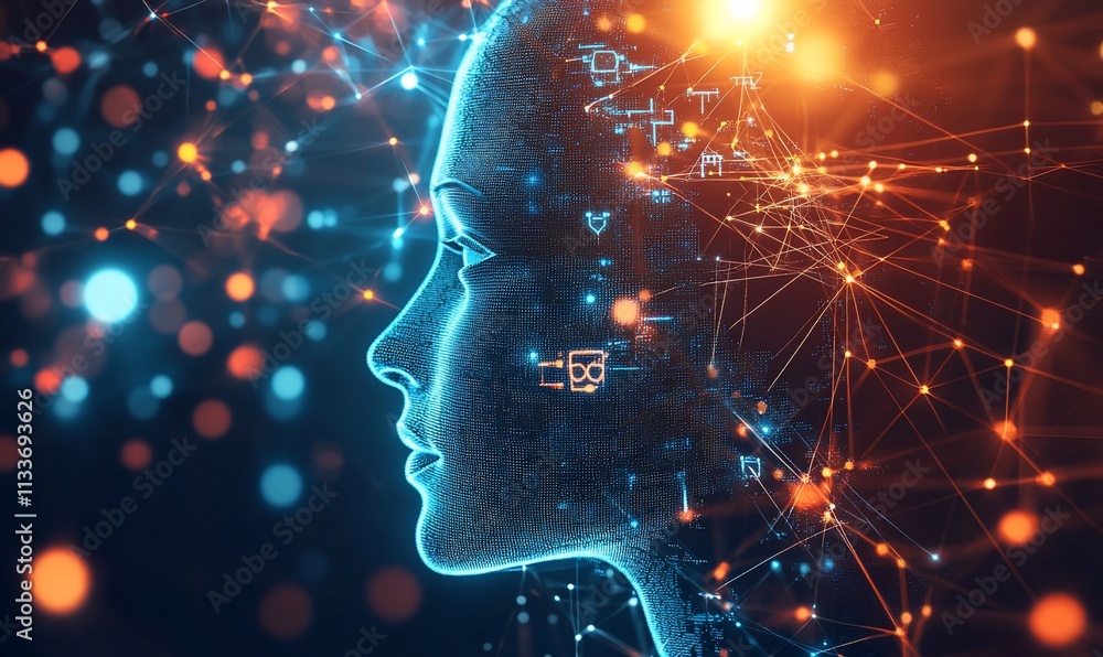 Poster a digital representation of a human profile with network connections.