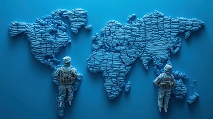 Blue World Map With Toy Soldiers Depicting Global Military Presence, Symbolizing Peacekeeping and Security Efforts in a Modern Context