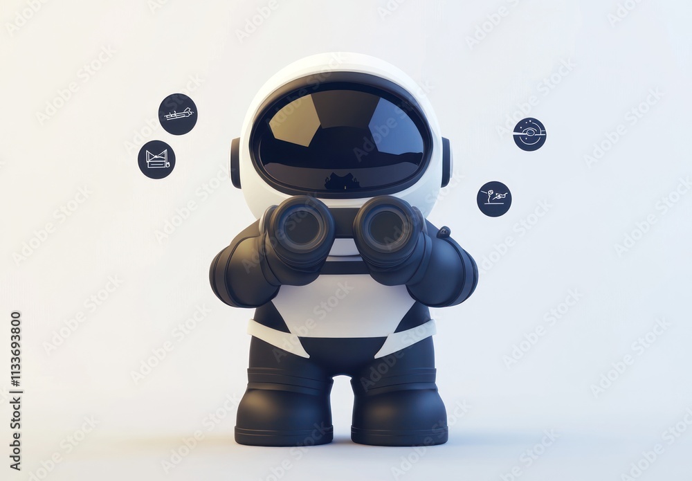 Aufkleber cute astronaut robot using binoculars, exploring data icons.