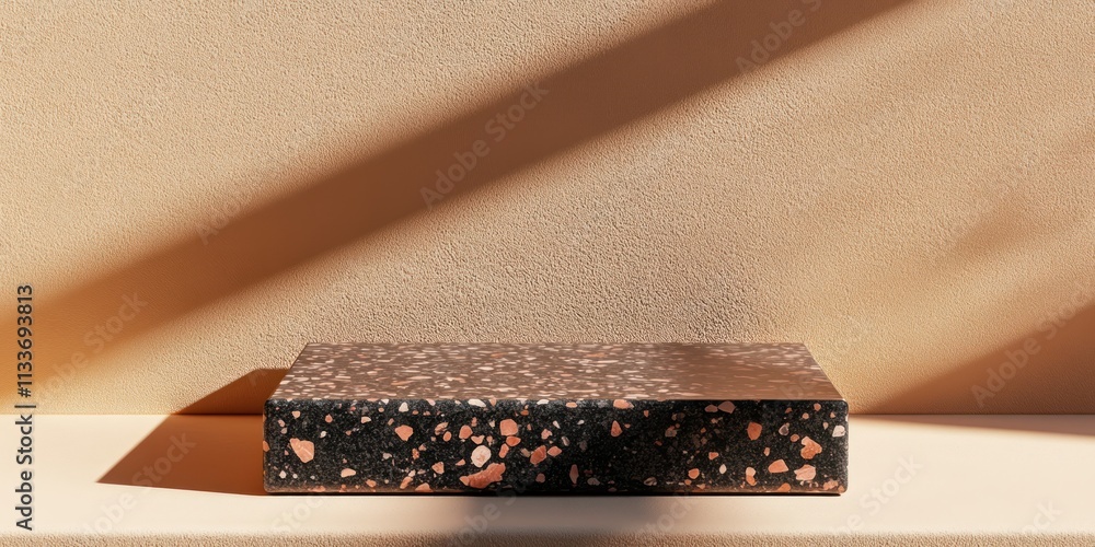 Poster terrazzo block on beige surface, sunlight.