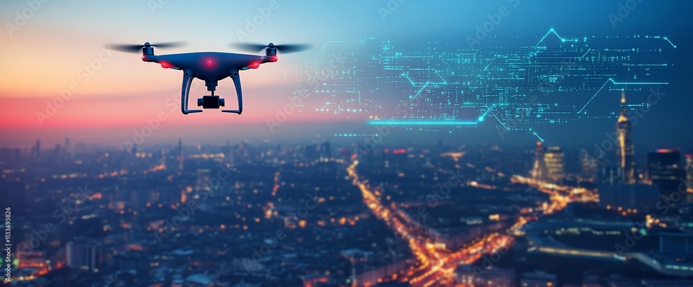 Poster a drone flying over a cityscape with digital data overlay.