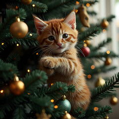 Obraz premium A mischievous cat celebrating Christmas climbing, high detailed, 4K, ready to add your text