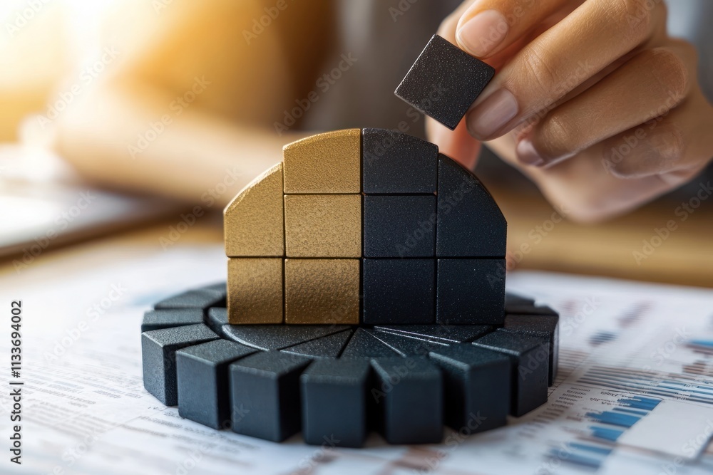 Poster woman's hand placing a black block onto a gold and black block structure representing growth and pro