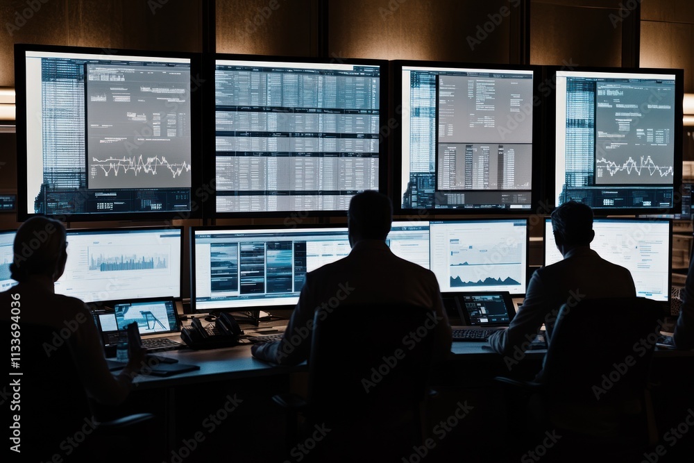 Poster Team monitoring data on large screens in dark control room.
