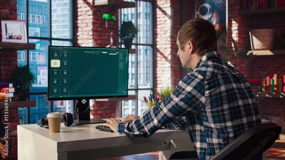 Poster person at home getting tasks done with ai program turning text prompt into videos. man using compute