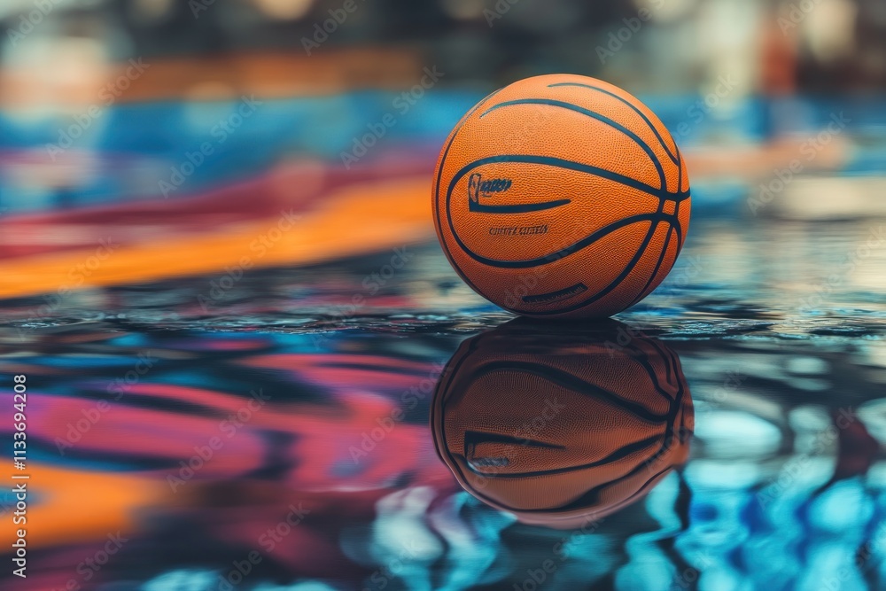 Poster close-up of an orange basketball resting on wet pavement, reflecting in a colorful puddle.