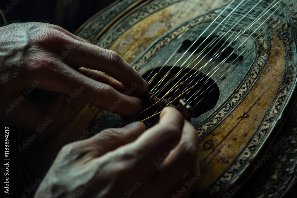 Poster Close-up of hands tuning an antique stringed instrument.
